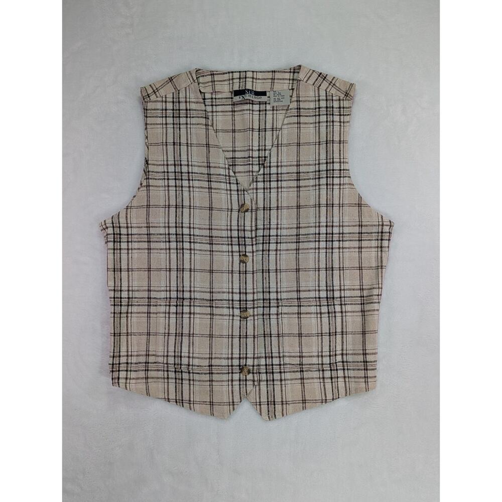 Silk Exchange Size L 100% Silk Textured Cream,Brown,Black Plaid Vest Cottage VTG